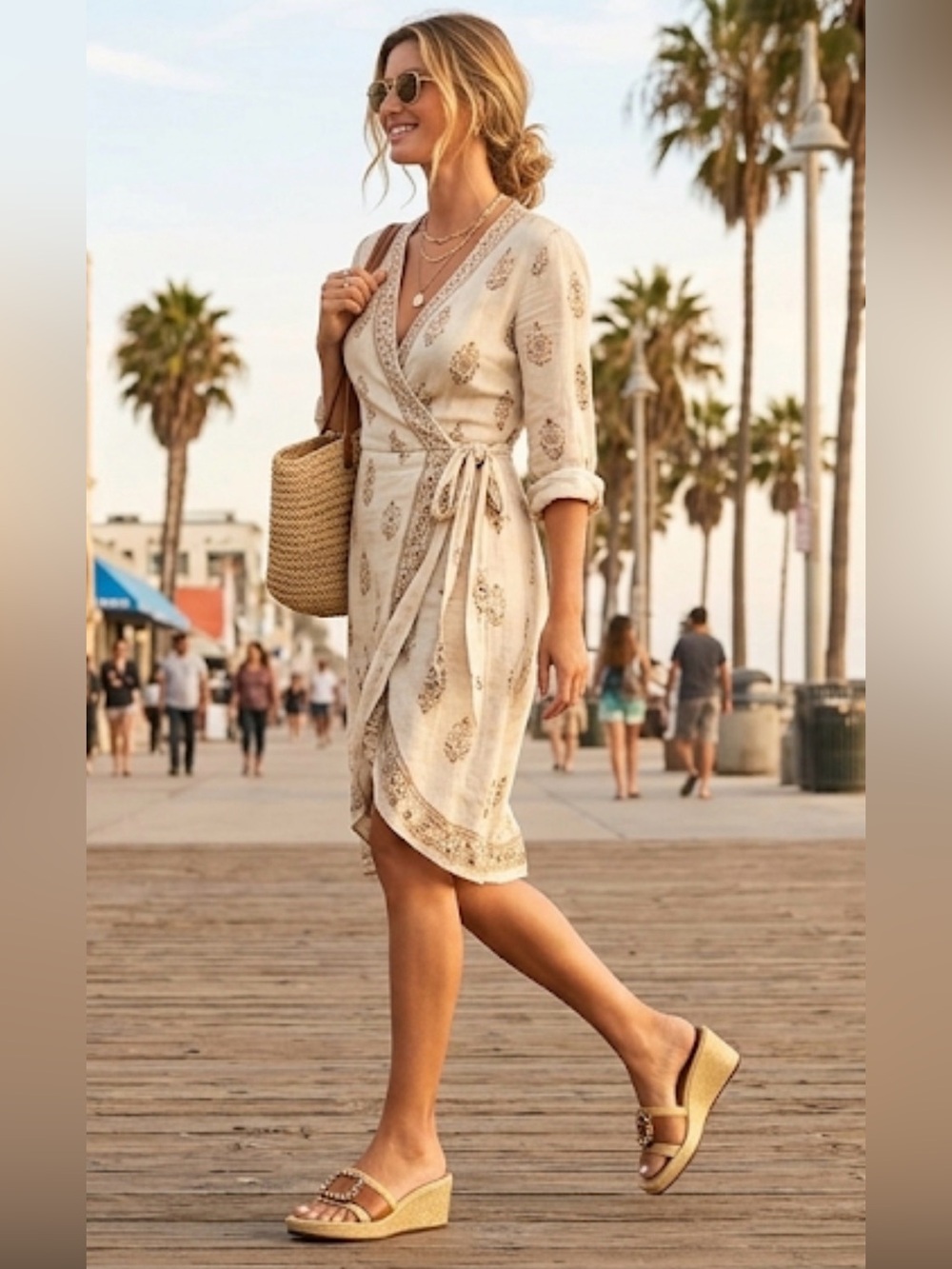 LUISA D’ORIO 🇮🇹 ITALY WEDGE JEWELED SANDAL METALLIC CANVA & BROWN LEATHER sz 9 - Picture 2 of 7